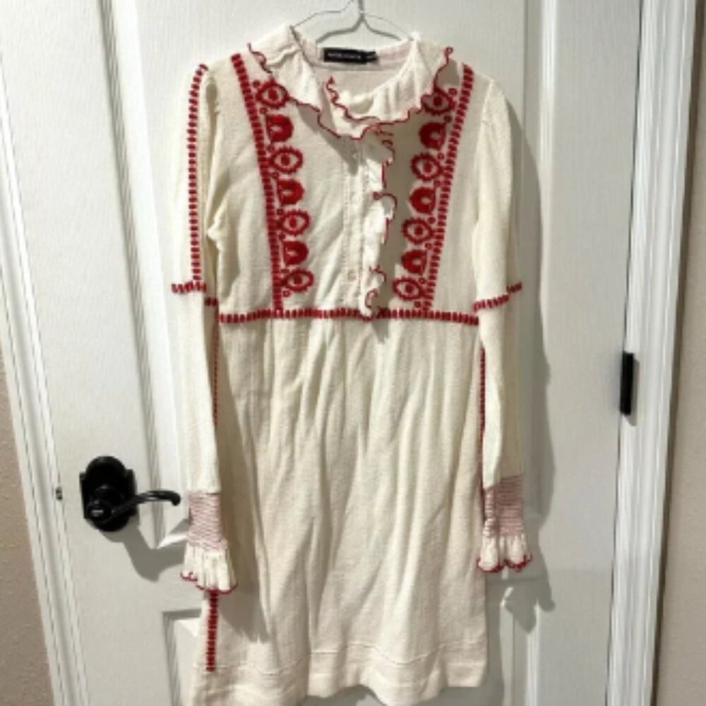 Antik Batik White Long Sleeve Dress With Red Hand Sewn Embroidery and Trim